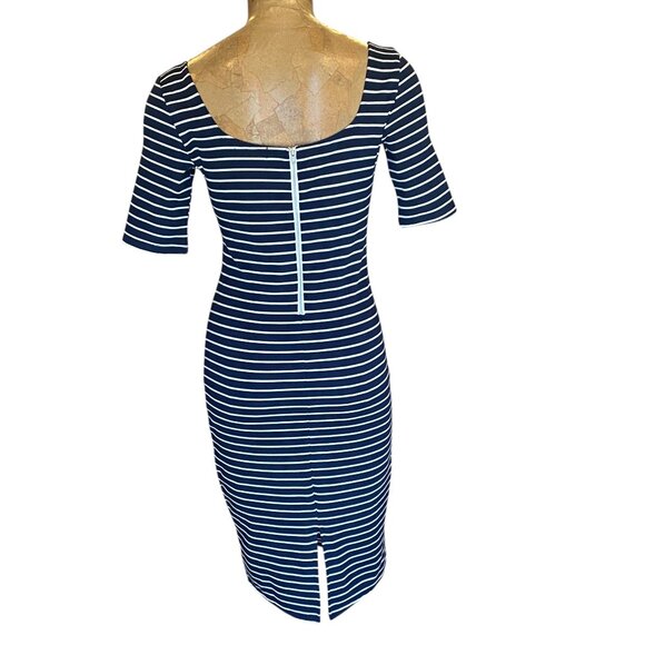 Popular Basics Bodycon Navy & White Striped Dress Sz M #287J - Picture 4 of 6